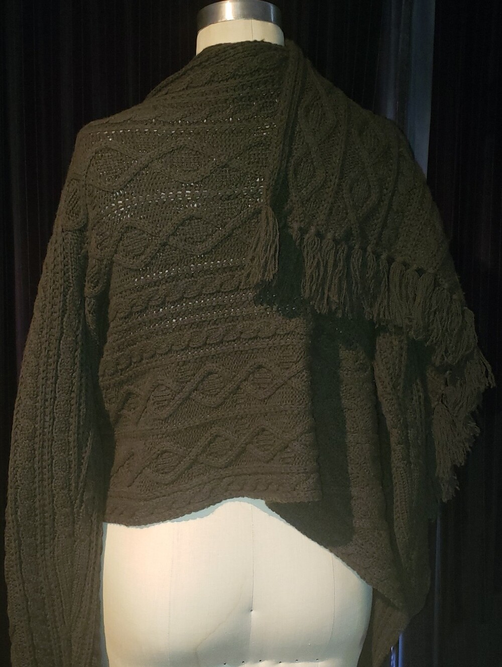 Olive Green Waffle Knit 100% Lambswool High Low Frindges Wraparound Cardigan L